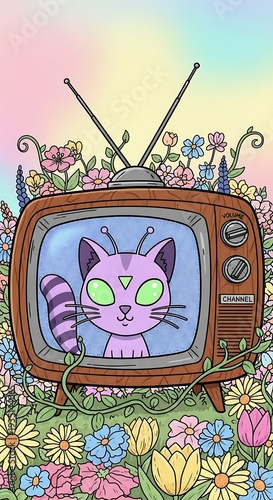 A whimsical cartoon of a pink cat in a vintage TV surrounded by vibrant flowers