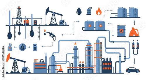 Oil Refining Process Diagram Illustration.