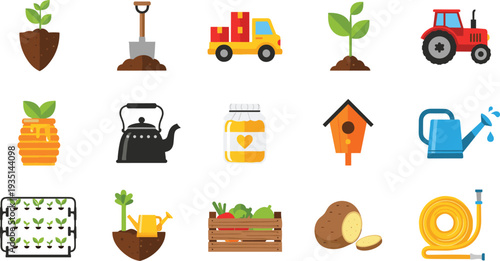 Gardening and Farming Icon Set with Plants Tractor Carrots Watering Can Honey Jar Birdhouse Tools and Harvest Symbols Flat Vector Illustration.