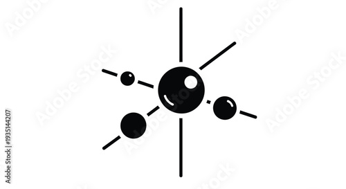 Abstract black and white illustration of a central sphere with radiating lines and circles