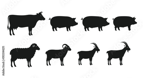 Collection of farm animal silhouettes including cow pig sheep and goat, Generative AI.