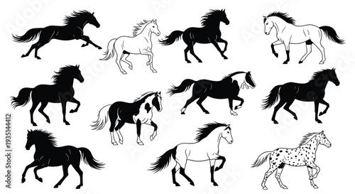 Collection of various horse silhouettes and illustrations in different poses and colors, Generative AI.