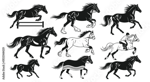 Collection of various horse silhouettes in different running poses, Generative AI.