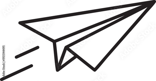 Black and white line of a flying paper airplane with motion lines line motion lines speed