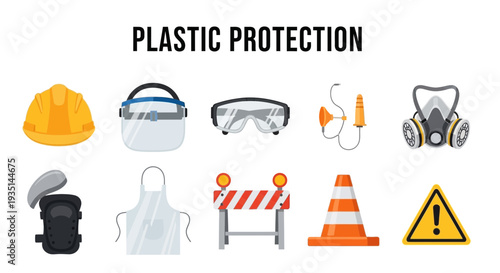 An array of safety equipment and construction signs against a white background