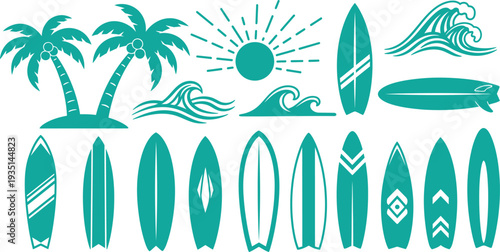 Teal surfboard and tropical icons collection