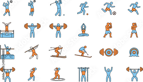 Sports and Fitness Activity Icon Set with Athletes Weightlifting Running Swimming Gym Workout Training and Olympic Games Flat Vector Illustration Collection.