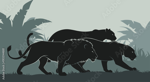Silhouette of three panthers walking together in a jungle environment with foliage, Generative AI.