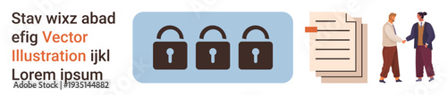 Cybersecurity, data protection, legal processes, teamwork, privacy policies, secure communication. Three padlocks, documents two individuals shaking hands. Cybersecurity and data protection