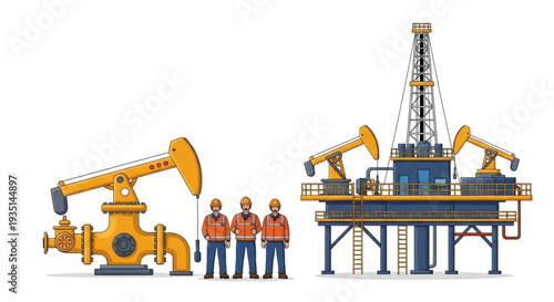 Oil Rig and Pumpjack with Workers.
