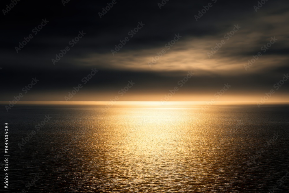 Obraz premium Minimal seascape golden hour horizon background Dramatic golden sunset over calm ocean horizon with dark storm clouds and glowing light