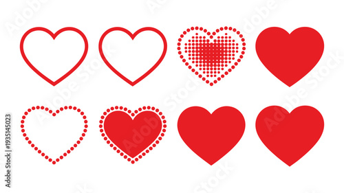 A lovely assortment of eight red heart icons, featuring various styles including solid, outline, and dotted textures, on white.