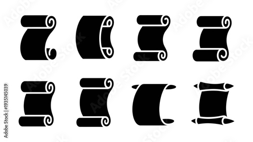 A set of eight distinct black silhouette scroll icons representing ancient documents or important information.