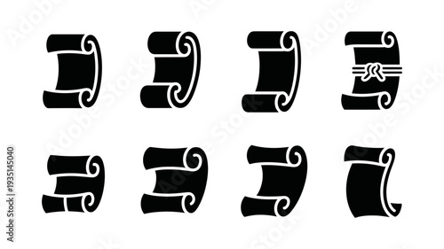 A diverse collection of eight black silhouette scroll icons, with one tied, perfect for historical document design.