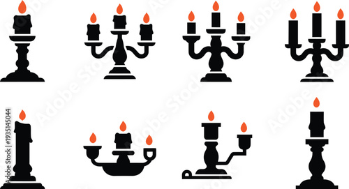 Collection of various candelabras with lit candles