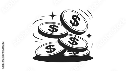 Multiple dollar coins gently falling onto a stack, accompanied by subtle sparkling stars.