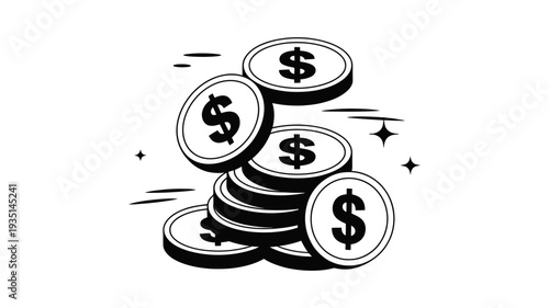 A vibrant illustration of dollar coins in motion, accumulating into a shining stack with sparks.