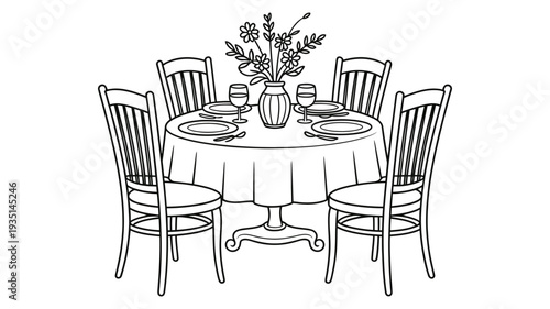 A beautifully set round dining table with four chairs, featuring a vase of flowers.