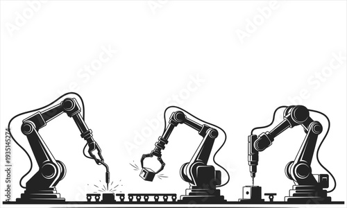 Three industrial robotic arms performing manufacturing tasks isolated on white background