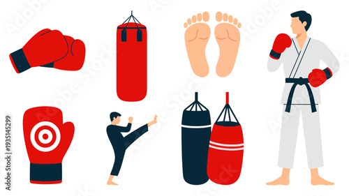 A collection of martial arts equipment and figures demonstrating various fighting stances and gear.
