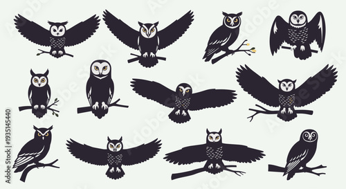 Collection of various owl silhouettes in different poses on light gray background, Generative AI.