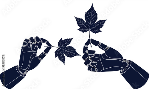Robotic hands holding maple leaves on white background with technology and nature