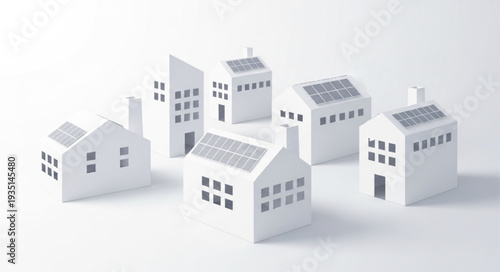 Collection of miniature white houses with solar panels on roofs.