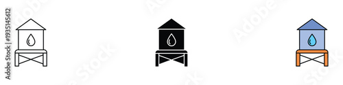 Water tower tank icon set. Elevated reservoir symbol for water storage, supply, and rural infrastructure design. vector illustration.
