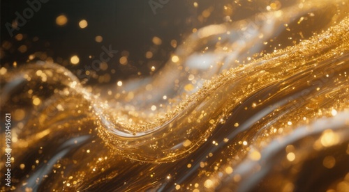 Golden abstract wave with sparkling particles in motion