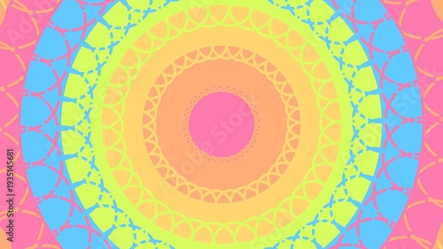 Foto Vibrant and colorful abstract mandala pattern with concentric circles in bright pastel hues of pink, orange, yellow, green, and blue, creating a mesmerizing visual effect