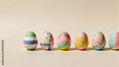 Pastel easter eggs painted with geometric stripes, dots and chevrons arranged in a neat row on a light background, festive spring decoration for cards and seasonal designs
