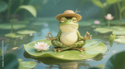 Meditating frog sitting on lily pad in pond
