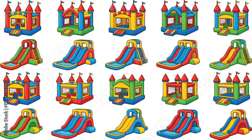 Colorful cartoon inflatable bounce houses collection with slides, castles, towers, flags, bouncy playgrounds, jumping castles for kids parties