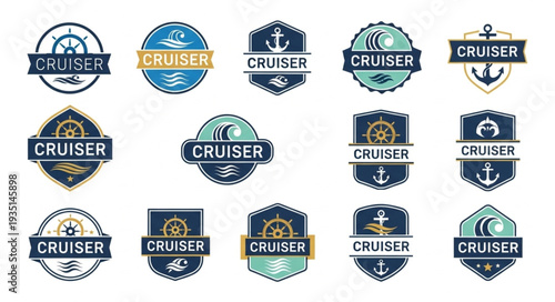 Collection of nautical emblems and badges with the word cruiser.