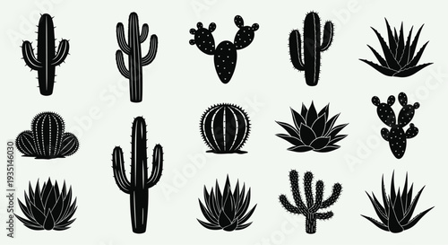 Collection of various cactus and succulent silhouettes on a light green background, Generative AI.