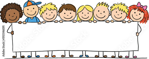 Cute cartoon diverse children group holding blank banner kids peeking over sign smiling happy multicultural students teamwork vector illustration