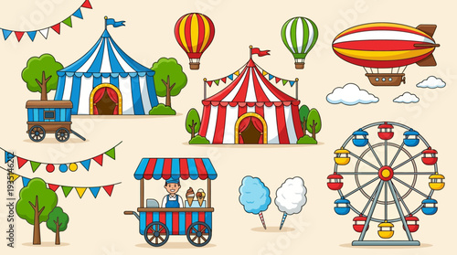 Vibrant Cartoon Circus & Carnival Collection: Tents, Ferris Wheel, Hot Air Balloons, Food Cart & Cotton Candy