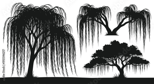 Silhouettes of weeping willow trees and other deciduous trees on a plain for design and decoration purposes, Generative AI.