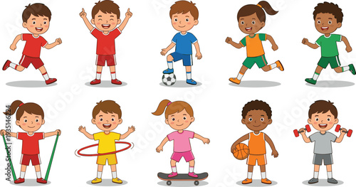 Cute cartoon diverse kids doing sports set running soccer hula hoop skateboarding basketball resistance band dumbbells active happy children vector illustration