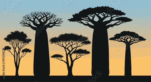 Silhouette of baobab trees against a colorful sunset sky with vibrant orange and blue hues in africa landscape, Generative AI.