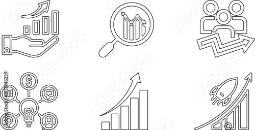 Business growth and marketing strategy line icons set for analytics, startup success, and financial development. Business growth, data analysis, and strategic innovation outline icon set.