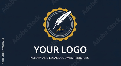 Professional Notary and Legal Document Services Logo Design Featuring a Quill Pen Emblem and Signature, Ideal for Business Branding and Official Documentation