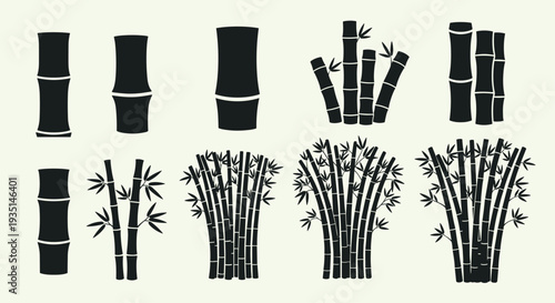 Collection of various bamboo stems and plants in black silhouette on light green background, Generative AI.