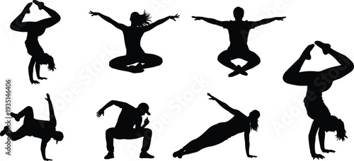 breakdance, dancer, hiphop, dance, movement, freestyle, street, culture, performance, energy, urban, sport, action, silhouette, dynamic, vector, illustration, collection, black, cad