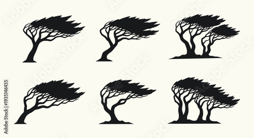 Collection of six black tree silhouettes on a beige background in various windy conditions and positions, Generative AI.