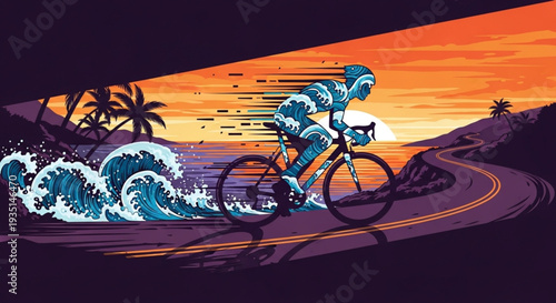Cyclist riding along scenic coastal road at vibrant sunset
