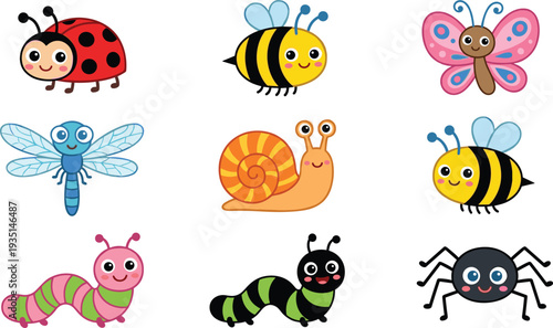 Cute cartoon insects collection ladybug bee butterfly dragonfly snail caterpillar spider smiling bugs kids friendly vector illustration set