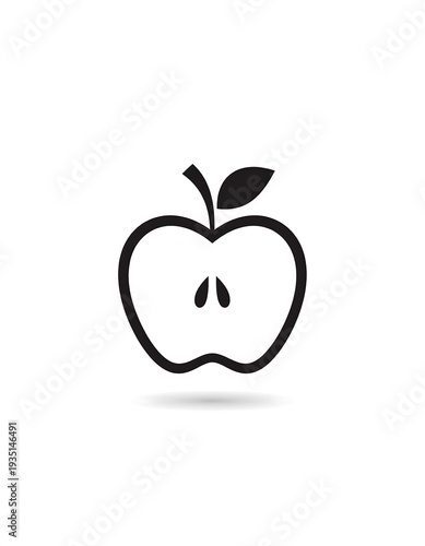 Black and white illustration of an apple cut in half, simple design