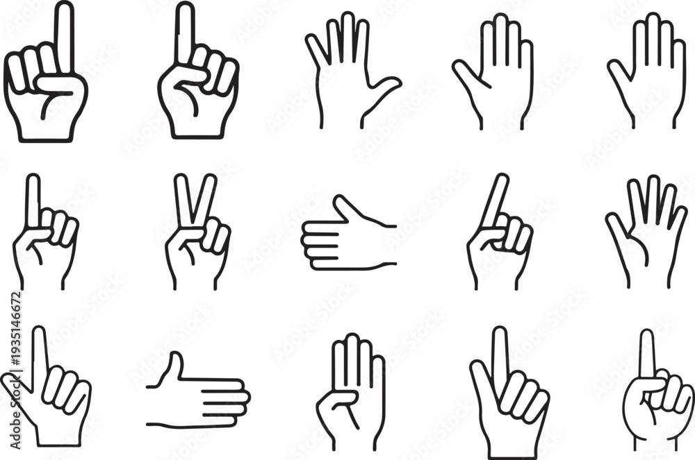 Obraz premium Hand Gesture Icon Set. Collection of Hand Signs and Symbols Vector Illustration