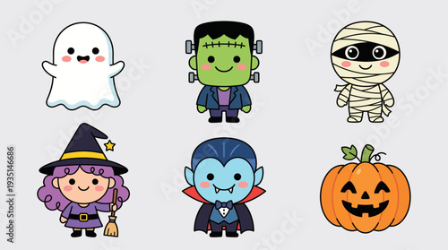 Cute Halloween Cartoon Characters Set – Ghost, Frankenstein, Mummy, Witch, Vampire, Pumpkin Vector Illustration